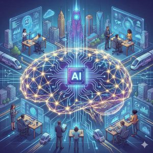 Conceptual illustration of the "AI Era." A large, glowing digital brain with a central "AI" chip forms the core of a futuristic, interconnected city. Data streams flow from the brain to people working at computers, automated vehicles, and modern buildings, symbolizing the widespread integration of artificial intelligence into all aspects of urban life and infrastructure.